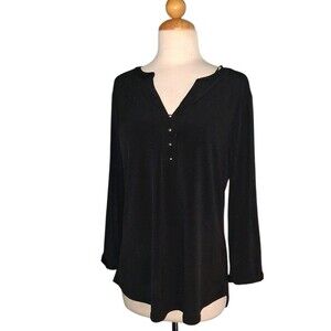 Dana Buchman Women's Black Henley Blouse with Button Front Size Medium EUC